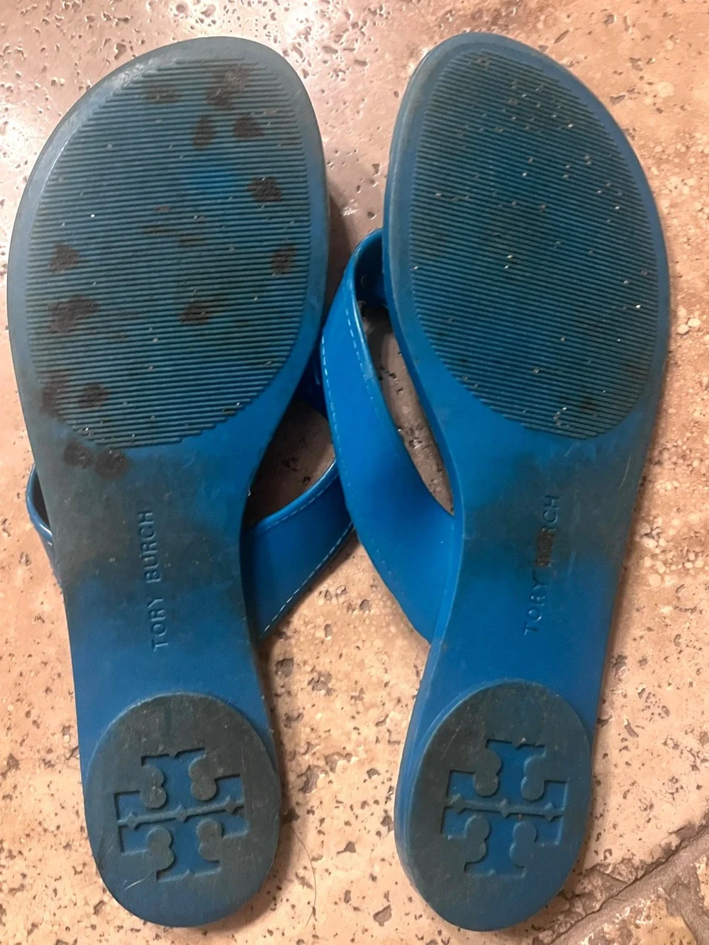 Tory Burch Teal Blue Logo Jelly Flip Flops